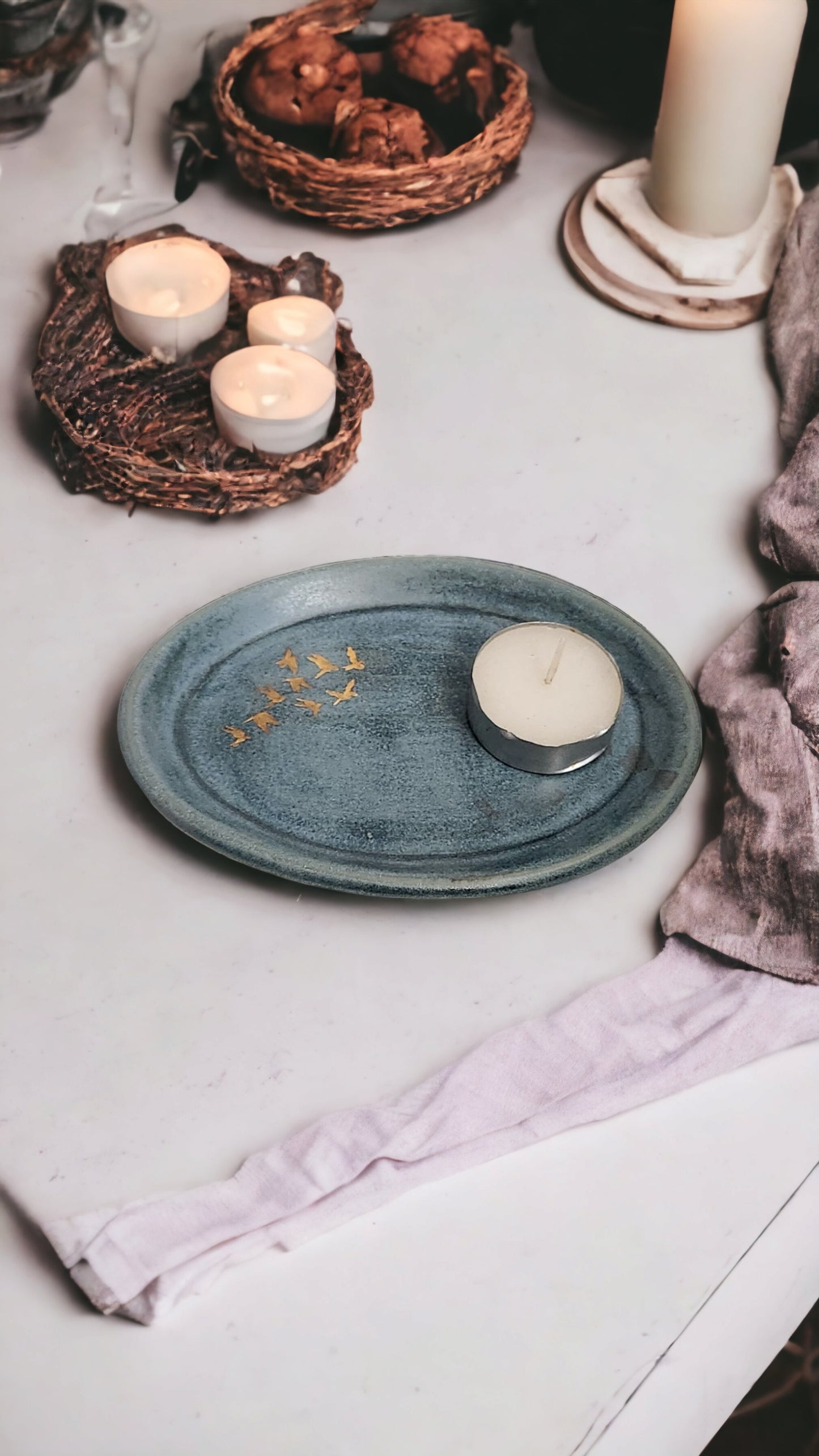 Small Blue Dish with Gold birds